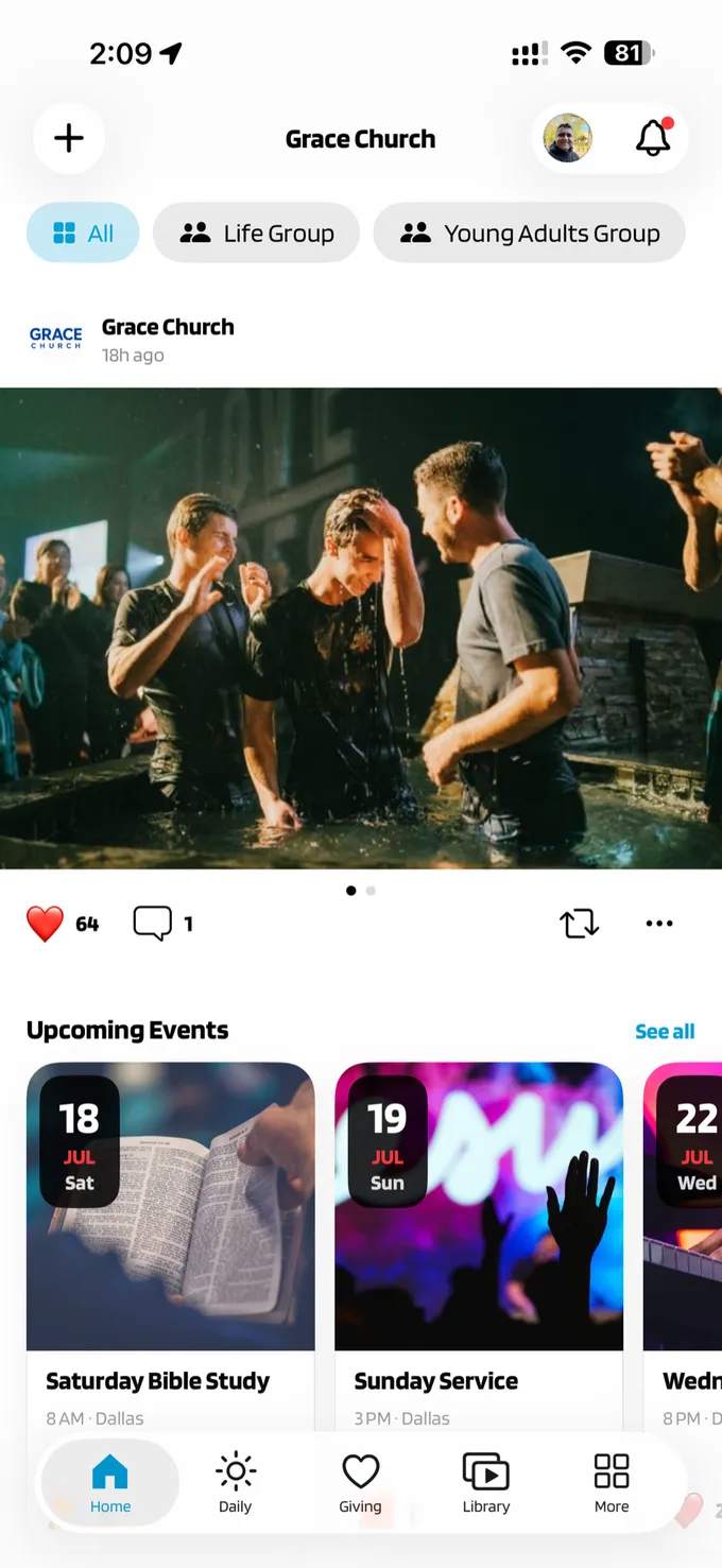 ZALA app feed — announcements, events, giving, and prayer in one stream
