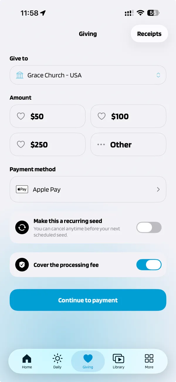 ZALA giving sheet — amount, Apple Pay, and the cover-the-processing-fee toggle